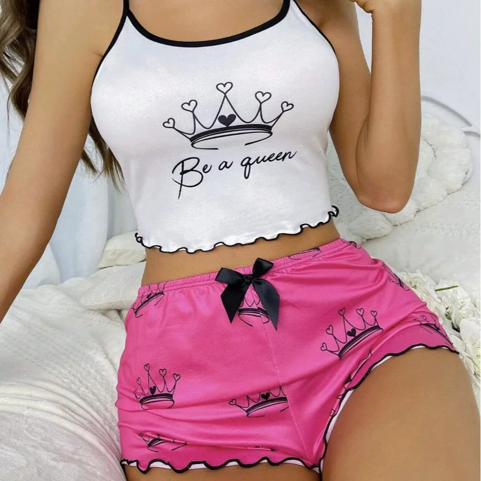 Summer Women's Milk Silk Printed Crown & Flamingo Shorts Tank Top Two-Piece Set… - Image 3