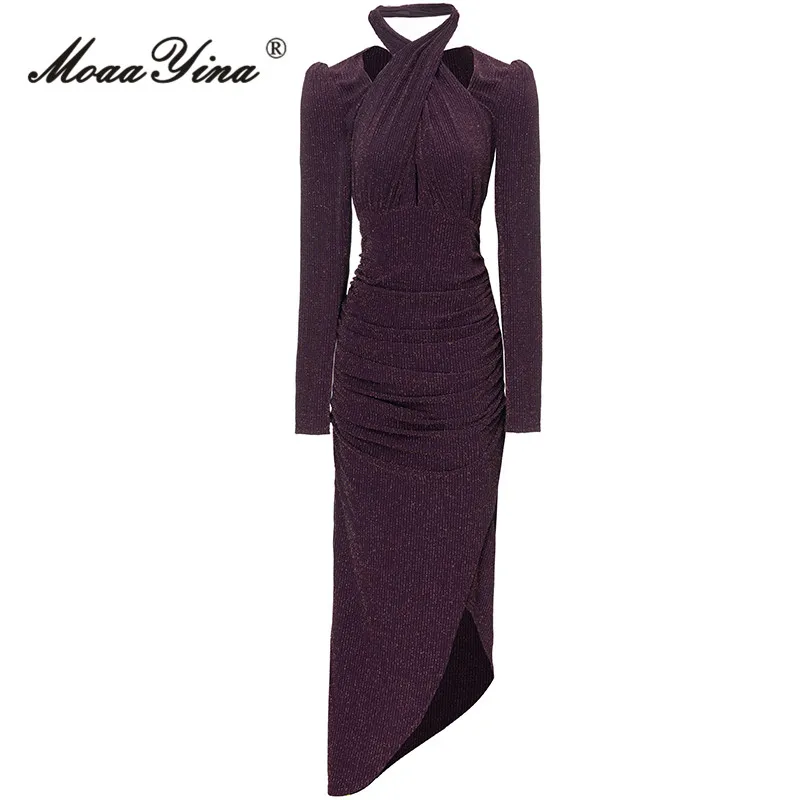 MoaaYina Spring Fashion Designer Purple Vintage Knitted Dress Women V Neck Cross Hollow Out Package Buttock Slit Slim Long Dress