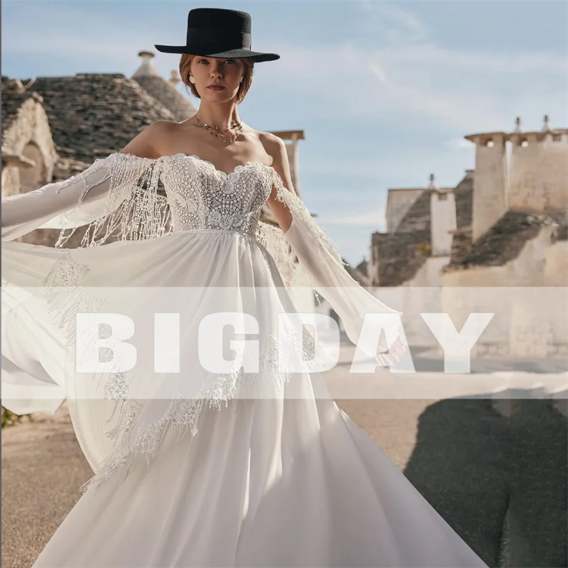 Elegant A-Line Wedding Dresses Long Puff Sleeve Lace Sweetheart Open Back Pleat Bridal Gown Train Vestidos De Noiva Customized