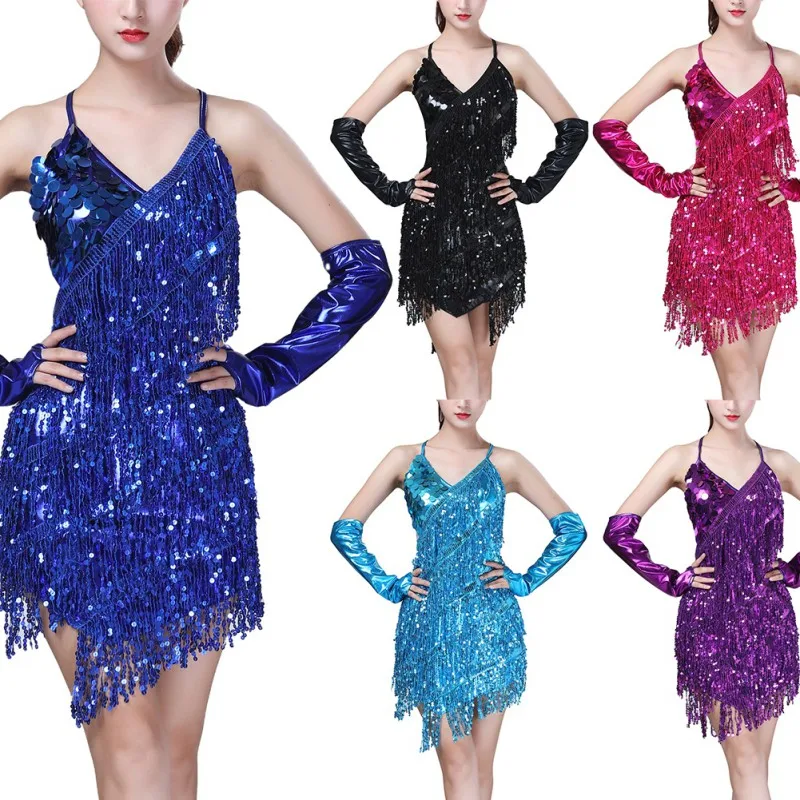 Women\'s Lace Latin Dance Wear Sexy Sequined Sling Halter Latin Dance Dress Tassel Costume Dance Dress