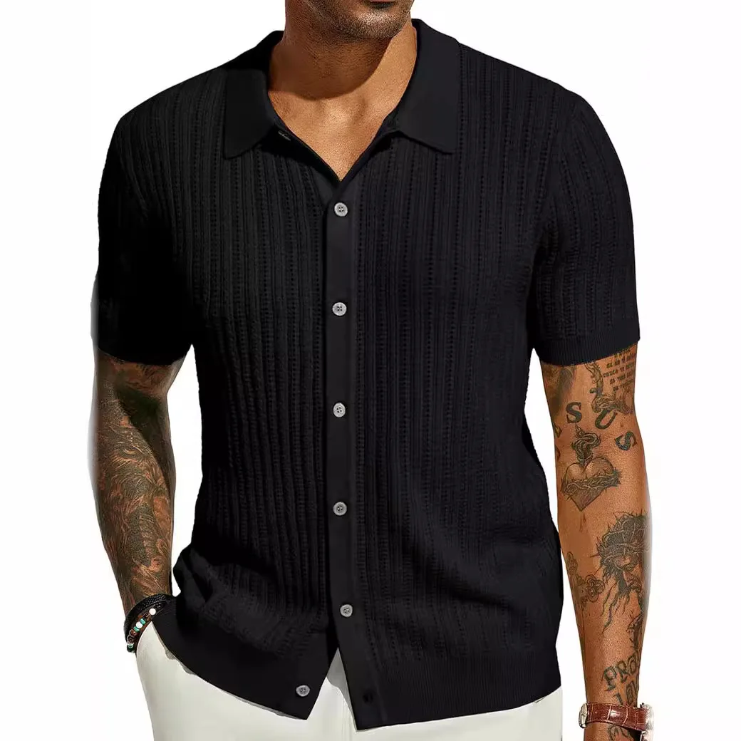 2025 Men's Casual Knitted Shirt Summer New Solid Color Top Men's Short Sleeve Lapel Men's Clothing