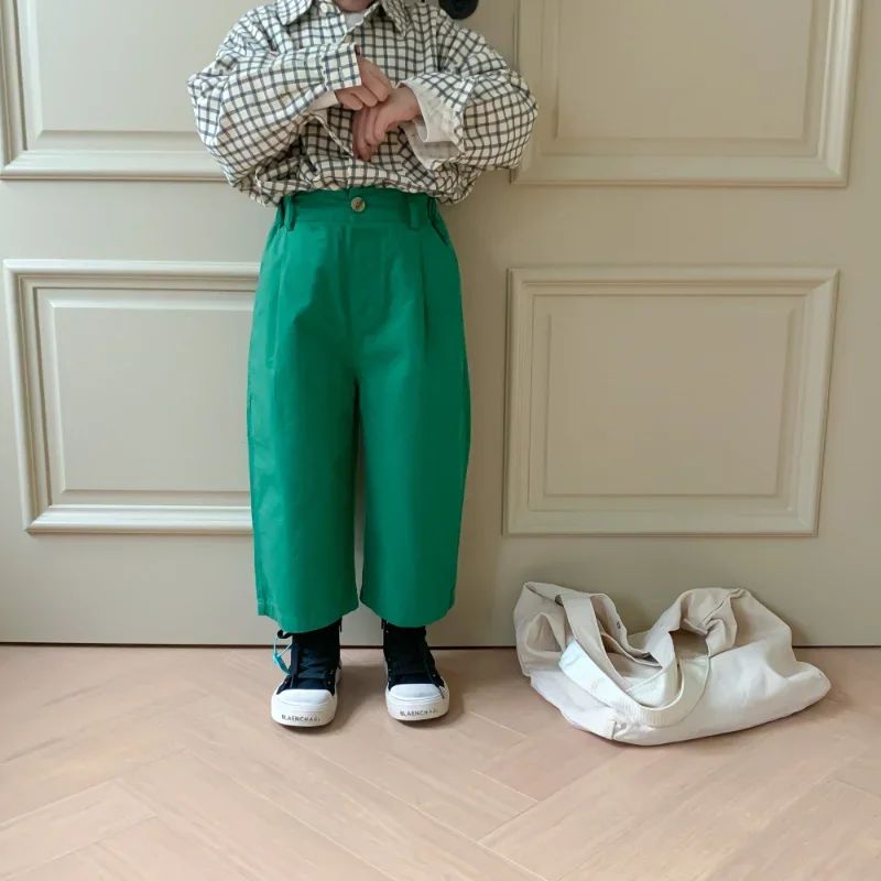 2024 Spring sibling solid color casual straight trousers Boys girls cotton loose wide leg pants