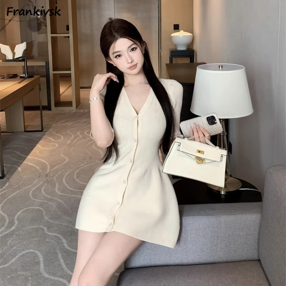 Elegant Dresses for Women Knitted French Style Half Sleeve Single Breasted Solid Temperament N-neck A-line Summer Vacation Chill