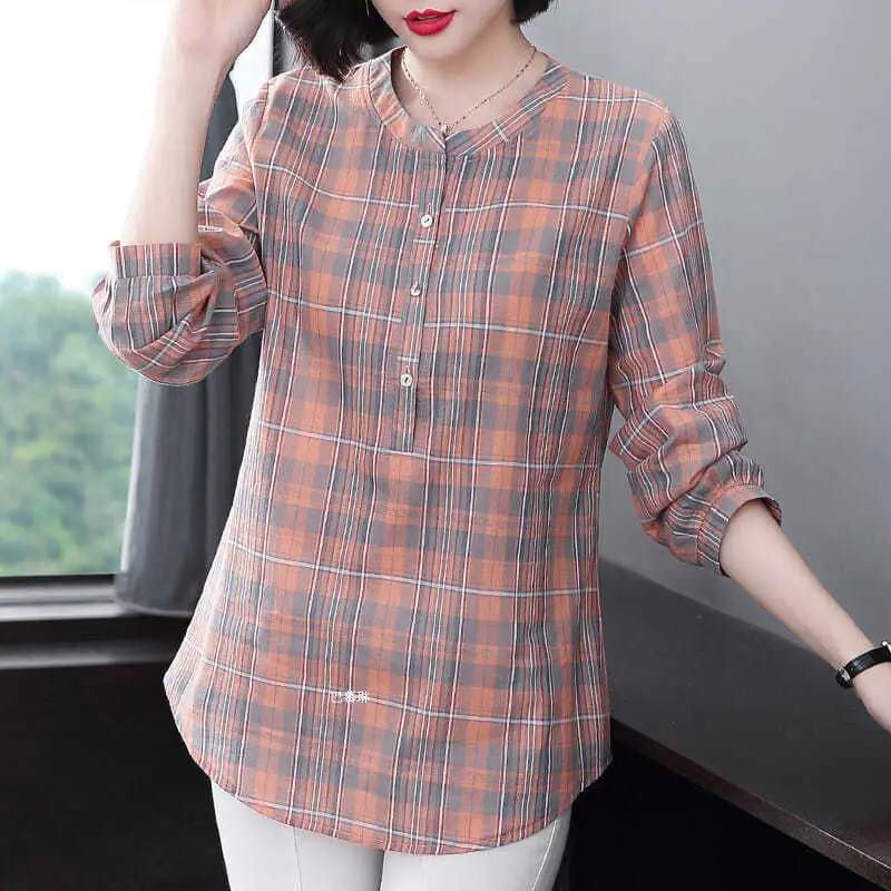 Fashion All-match Round Neck Plaid Shirt Women\'s Clothing Summer New Vintage Casual 3/4 Sleeve Button Spliced Pullovers Blouses