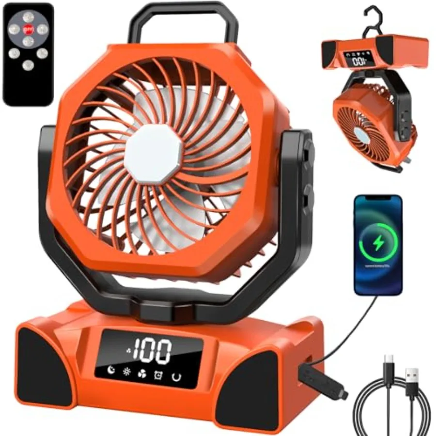 

Portable Camping Fan Battery Operated Powered Fan with Remote Control and LED Lantern20000mAh Battery Rechargeable LED Digital