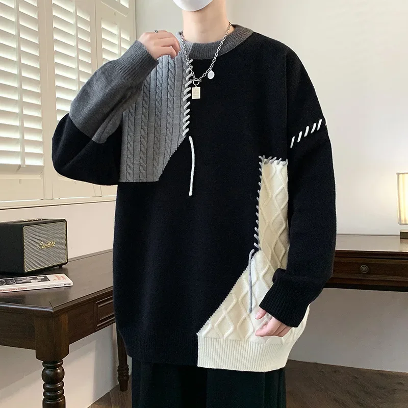 Trendy Knit Sweater For Men Casual Color Blocking Round Neck Idle Style Loose Fit Autumn Winter Fashion Couple Line Clothing Jac