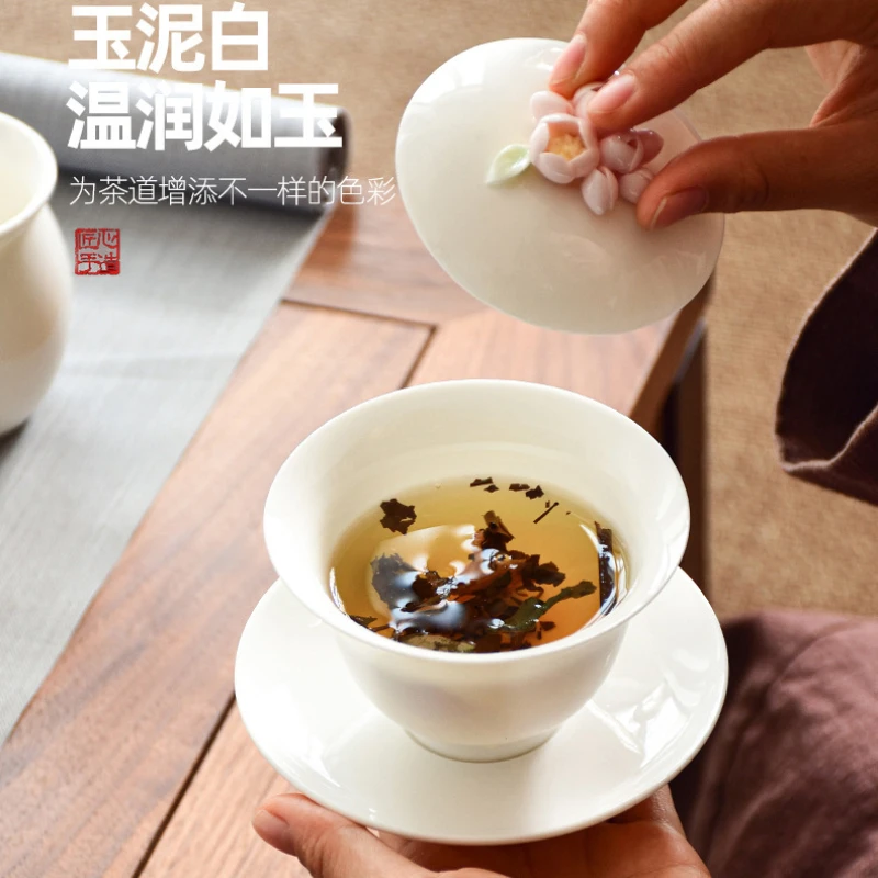 

Hand Made Flower Shaped Pink Cover Bowl Kung Fu Tea Set Household Maker Bowl Dehua Tallow Porcelain Single Tea Serving 160ml