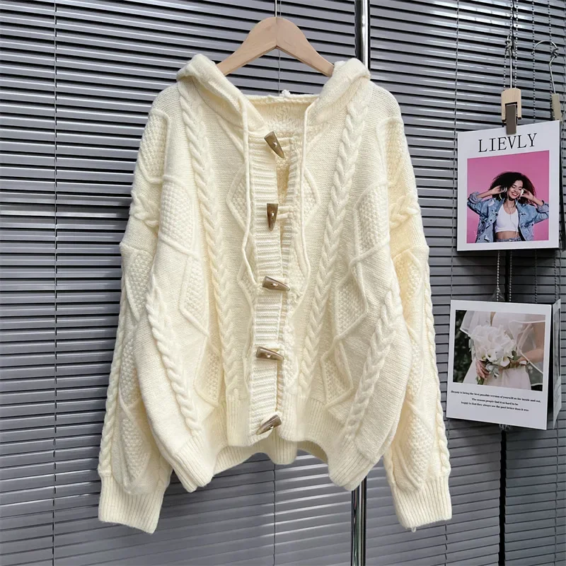 Women Sweater Knitting Coat Single Breasted Hooded Solid Colour Loose Fit Knit Cardigan 2024 Autumn Winter Knitwear Casual