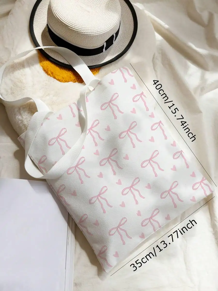 Kawaii Butterfly & Heart Pattern Double-Sided Printed Canvas Shoulder Bag With Bowknot, Tote Bag Large, Best Fall Inspo Ideas,
