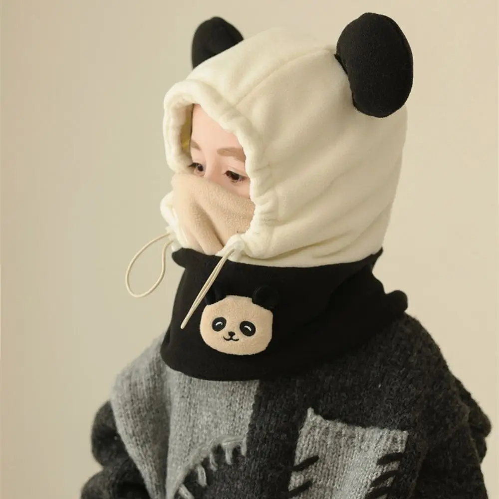 Cartoon Warm Panda Plush Scarf with Face Mask Soft Cute Drawstring Bear Ear Hat Thickened Windproof Panda Neckerchief Streetwear