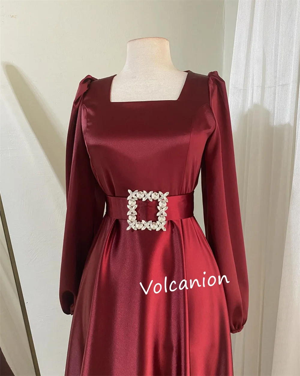 Customized Charmeuse Sash Rhinestone Square Neck A-line Long Dresses Bespoke Occasion Exquisite Simple High Quality