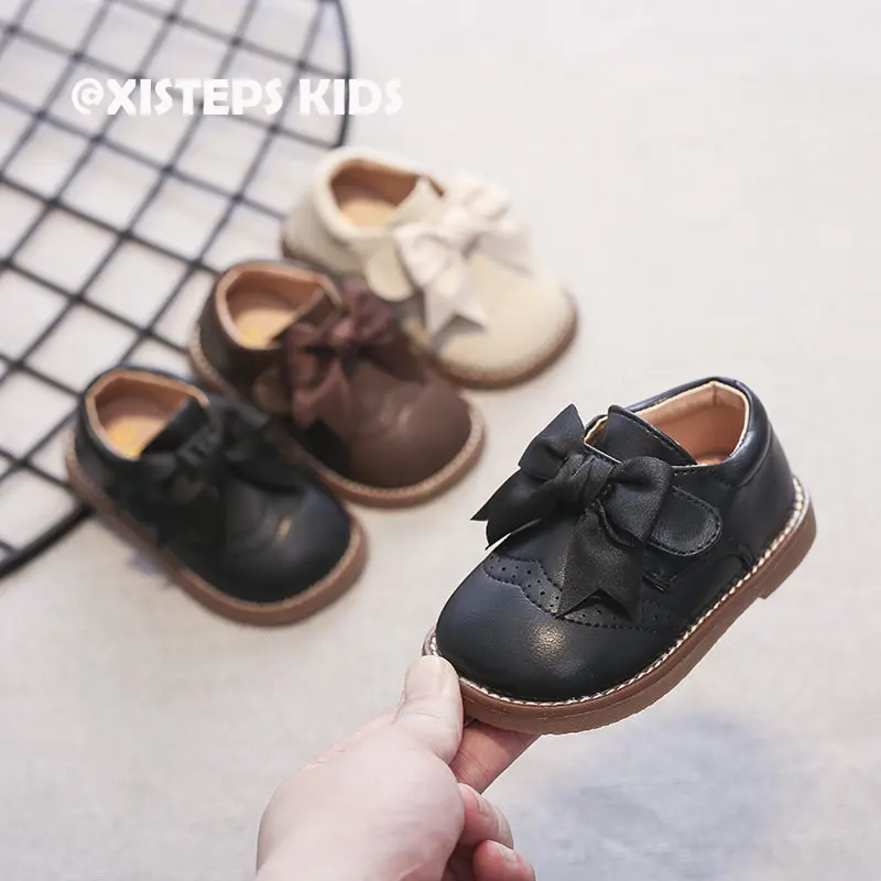 

Bow Knot Children Girls Leather Loafers Black Brown Beige Dress Shoes Boys Non-slip Hook and Loop Soft Sapato Infantil 2023