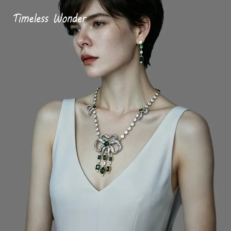 Timeless Wonder Fancy Zircon Detachable Bowknot Necklace Stud Earrings Women Designer Jewelry Set Top Rare Classy Gift 4612