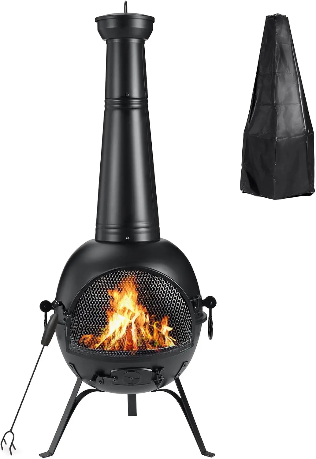 Prairie Fire Outdoor Chiminea Fireplace Deck or Patio Backyard Wooden Fire Pit with Chiminea Cover Rust-Free Iron Black