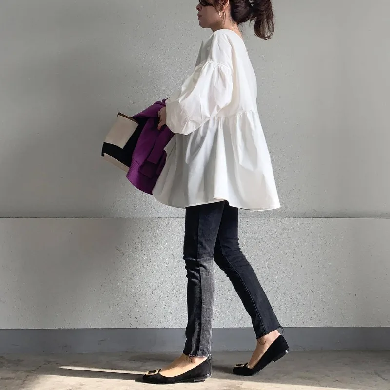 Japan Style Simple Lantern Sleeve Shirts Back And Forth Two Ways Wear O-necl Pullover Blouses 2024 New Chic Elegant Blusas