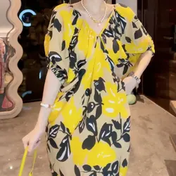 Stylish Broken Flowers Printed Long Dress Summer Half Sleeve A-Line Female Clothing Elegant V-Neck Commute Folds Loose Dresses