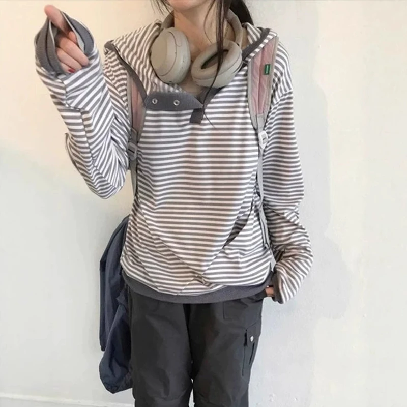 Y2k Lose Lässige Damen Bequemes Kapuzen-T-Shirt Japanisch 2025, Herbst Harajuku Top Dunkle Knopf Langarm Gestreifter Pullover