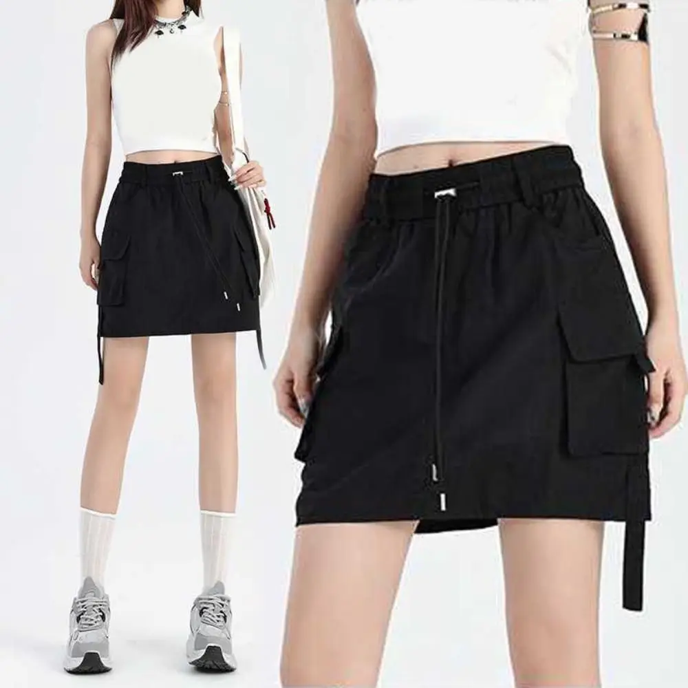 

Simple Loose High Waist Skirt Drawstring Large Pocket Wide Half Leg Skirts Spicy Girl Style Lace Up Cargo Skirts Summer