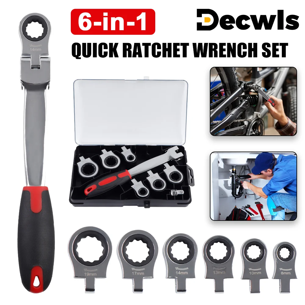 

Набор ключей-трещоток «6 в 1» со сменными головками размером 8/10/13/14/17/19 мм, подходит для механического ремонта и бытовых быстросъемных ключей, изготовлен из хром-ванадиевой стали.