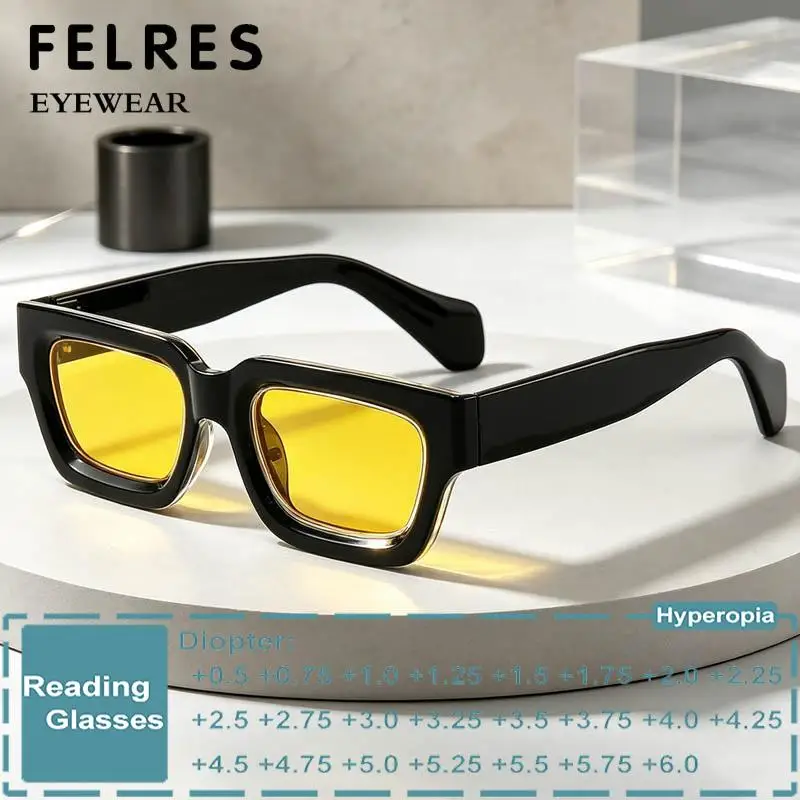 Designer-Lesesonnenbrille mit gelben Gläsern für Herren und Damen, quadratisch, Vintage-Stil, Presbyopie-Brille, fertig verschreibungspflichtig, Sonnenschutzbrille