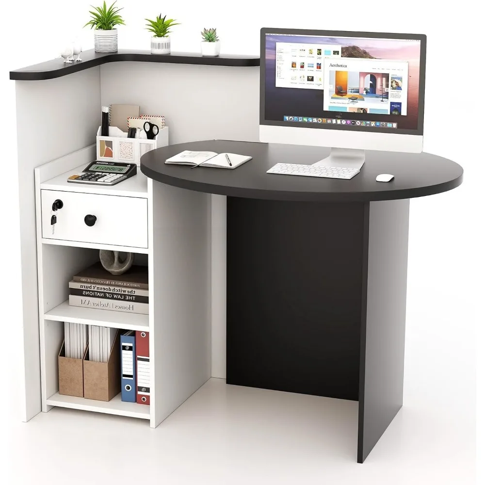 

Reception Desk, Small Retail Checkout Counter with Lockable Drawer and Open Shelves, Wooden Computer Workstation for Home Office