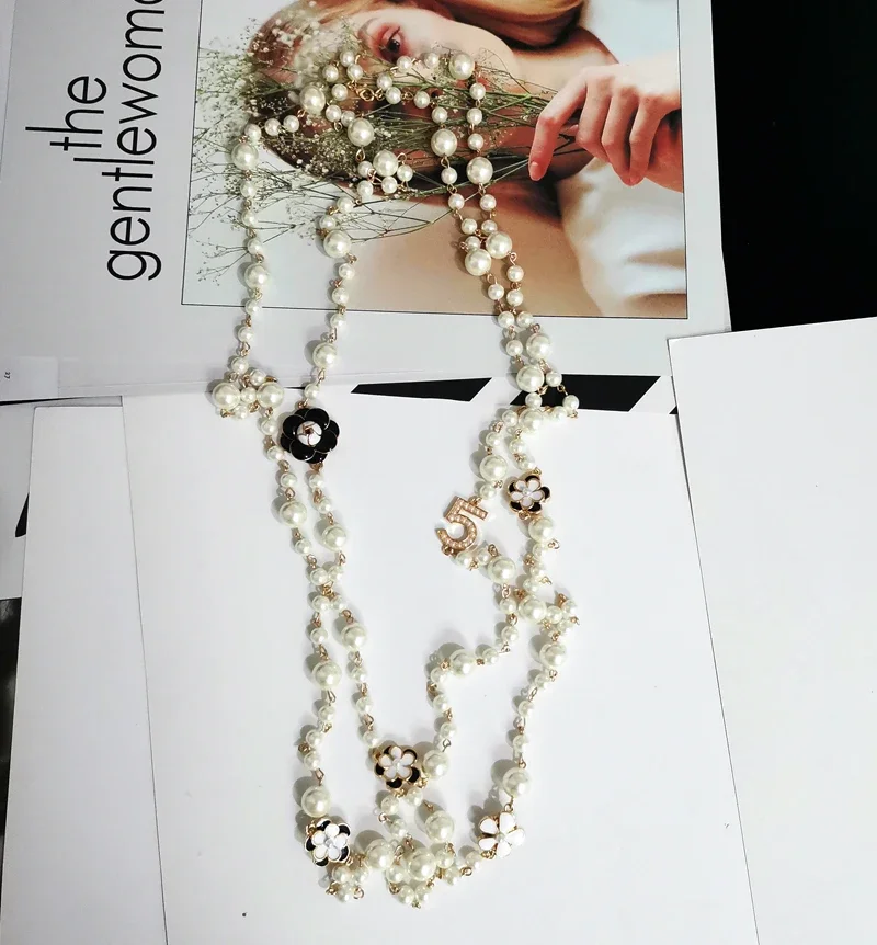 Pearls Beads Chain Necklace Big Camellia Flowers Long Necklaces Gift