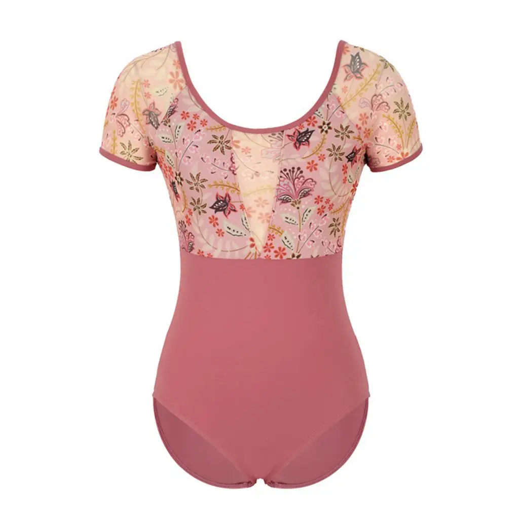 Short-sleeved splicing printed mesh onesie yoga dance practice suit