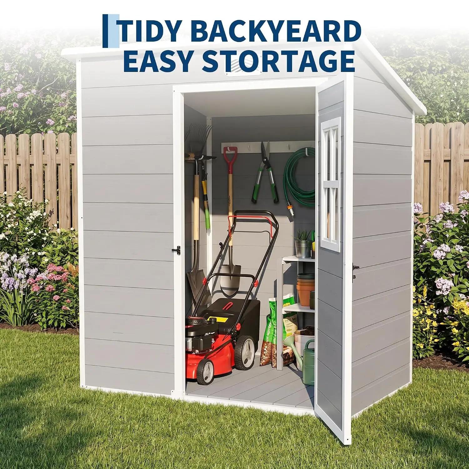 5x3 FT Resin Outdoor Storage Shed Floor Waterproof Lockable Plastic Tool Shed Window Garden Patio Gray, Customized