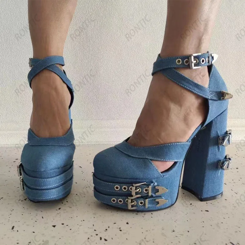 Rontic Handmade Women Platform Pumps Denim Buckle Strap Chunky Heels Round Toe Pretty Blue Cosplay Shoes US Size 5-15 - view 4