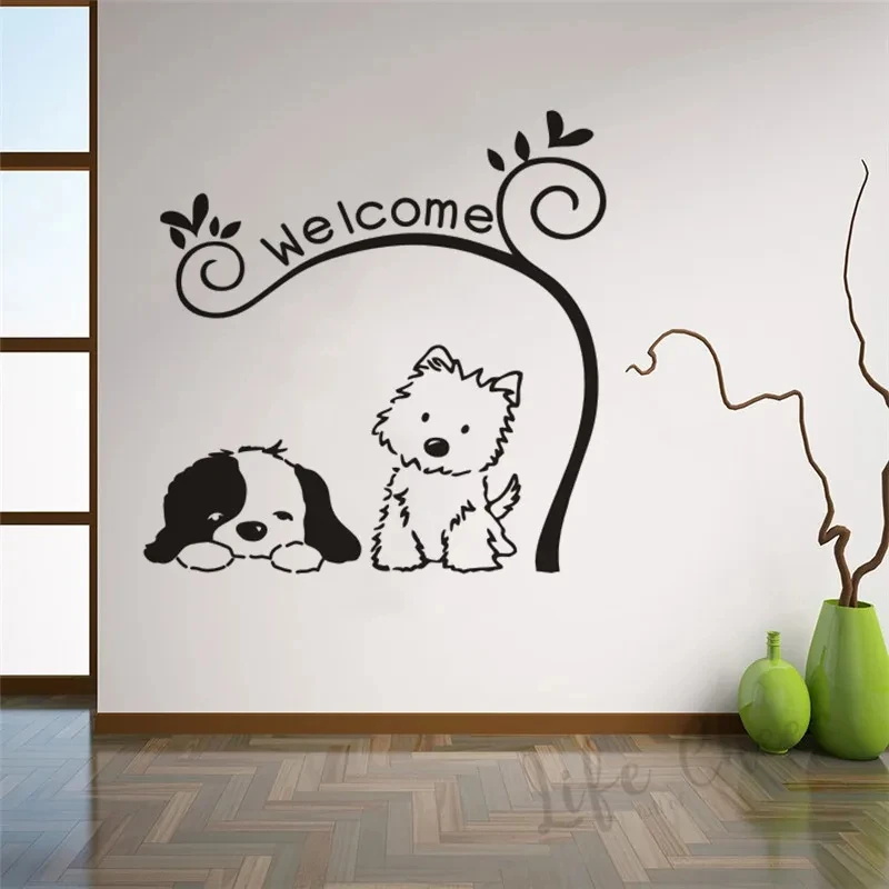 Pet Shop Welcome Sign Vinyl Sticker Lovely Cat Dog Wall Decal Welcome Texts Wall Window Poster Home Front Door Decoration