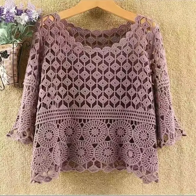 ฤดูร้อนผ้าฝ้ายโครเชต์ Openwork เสื้อสวมหัวผู้หญิงหลวมพอดีจับคู่ปกปิดเสื้อป้องกันแสงแดด