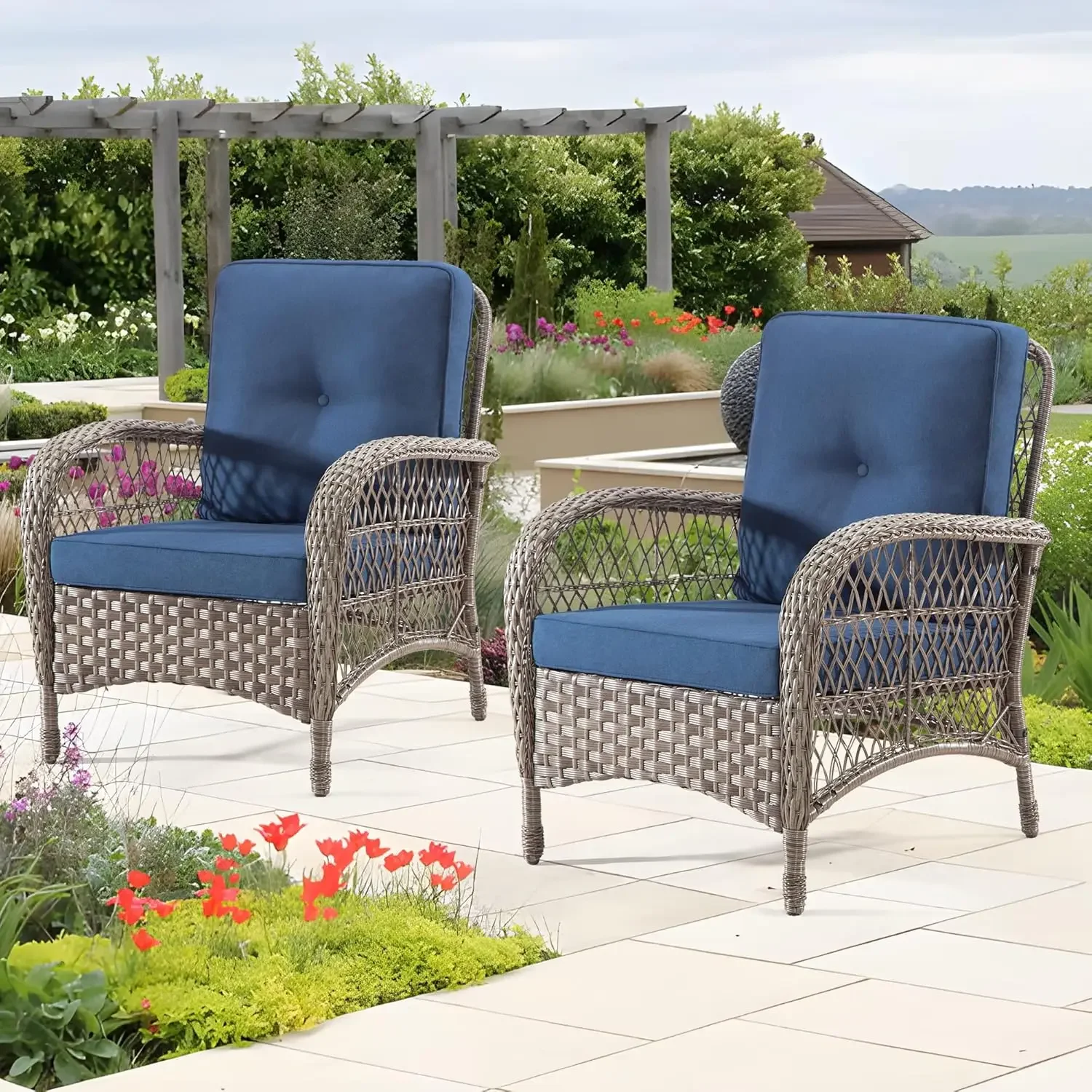 

Wicker Patio Chairs Set of 2 - Outdoor Rattan Chairs with Handmade PE Wicker & Olefin Fabric Cushions, Mixed Grey/Blue Included
