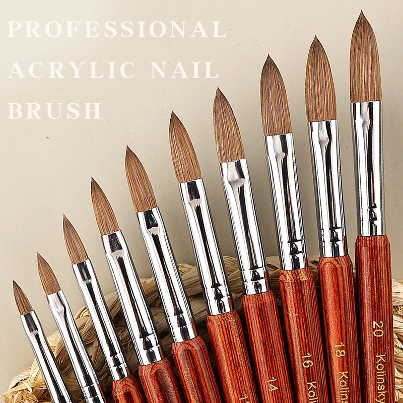 Cepillo de uñas acrílico Kolinsky de alta calidad, cepillo de visón para decoración de uñas, mango de madera, Gel, cepillo de manicura profesional, herramientas de dibujo, tamaño 4-20