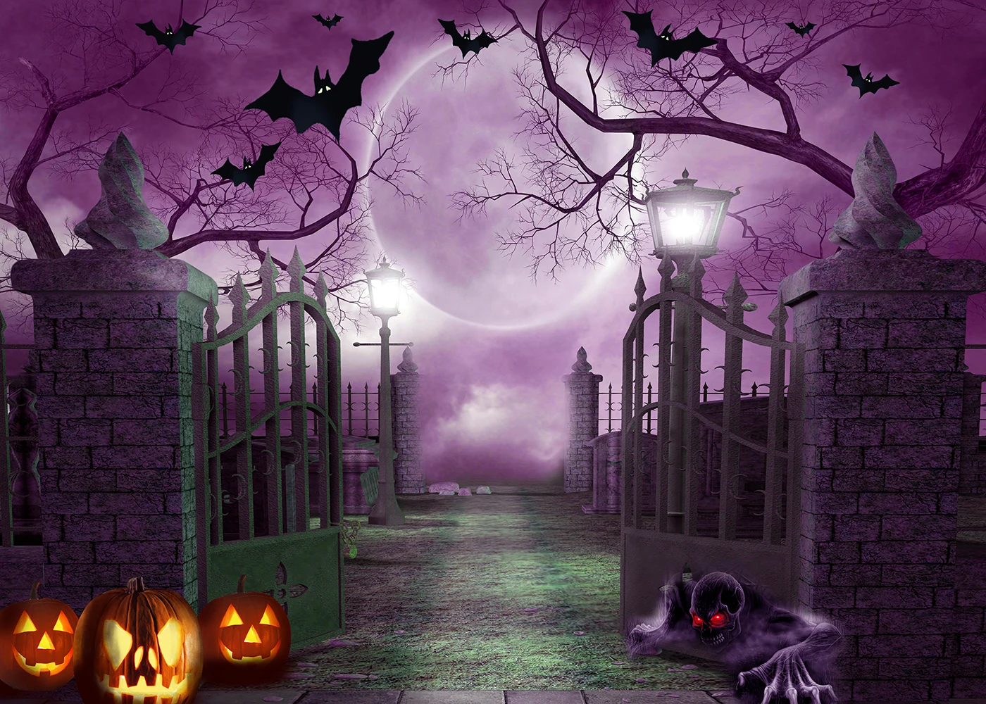 

Halloween Backdrop for Photography Horror Night Pumpkin Purple Moon Bat Skull Background Decor Banner Photo Studio Booth Props