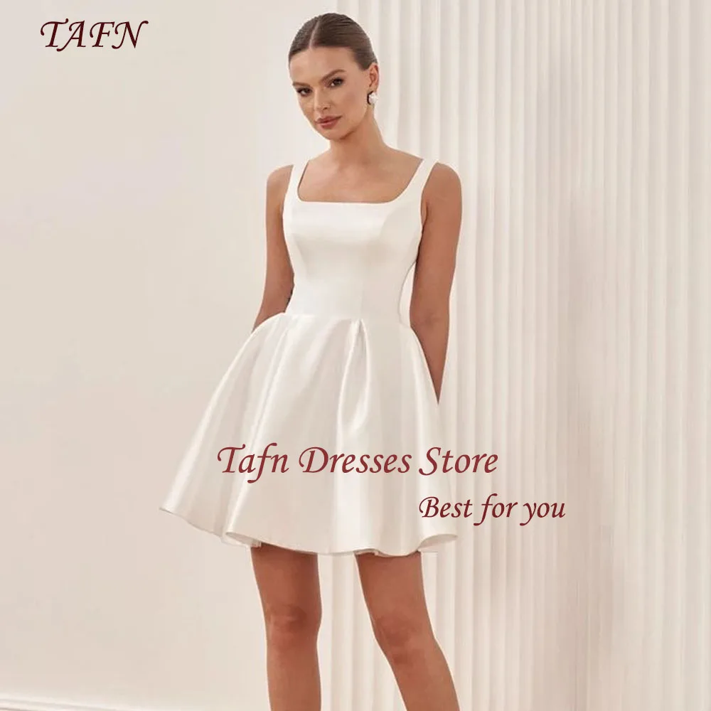 

TAFN Simple Short Wedding Dresses Square Collar Sleeveless Bridal Gown Above Knee A-line vestidos de novia Custom Made Lace-up