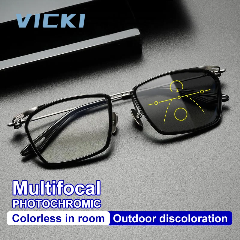 VICKI Stylish Pure Titanium Retro Design Men Progressive Multifocal Photochromic Anti Blue-ray Glasses Customizable Prescription