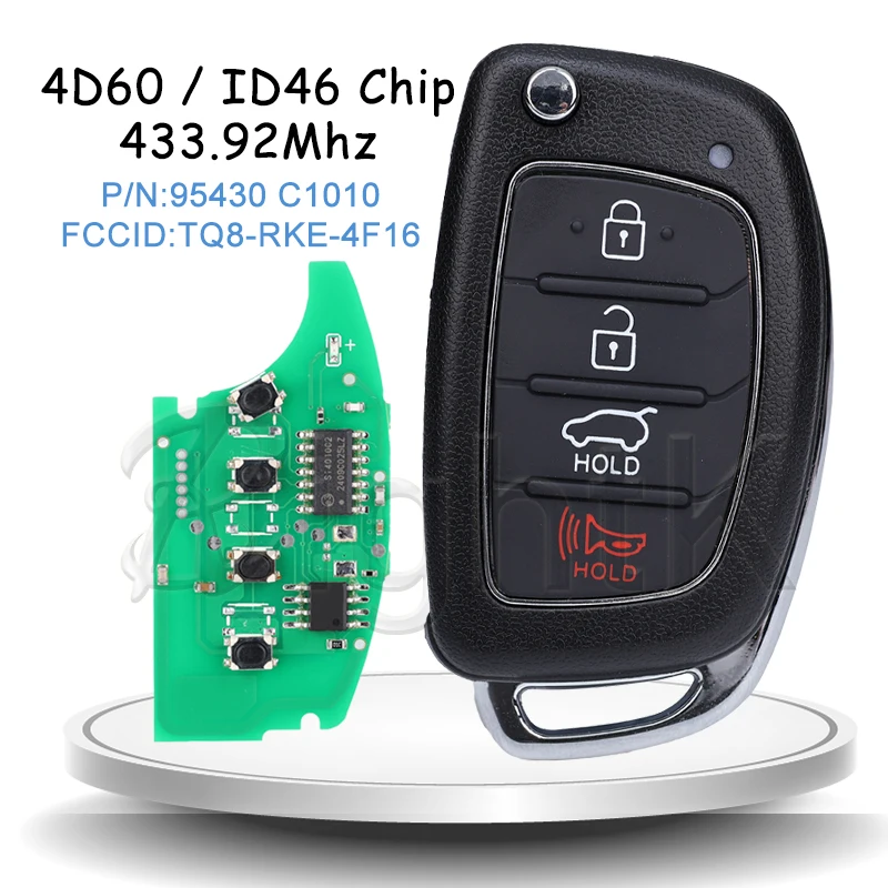 

Flip Remote Car Key For Hyundai Sonata 2014-2018 FCCID TQ8-RKE-4F16 P/N 95430-C1010 ID46/4D60 Chip 433MHz 4 Buttons Smart Key
