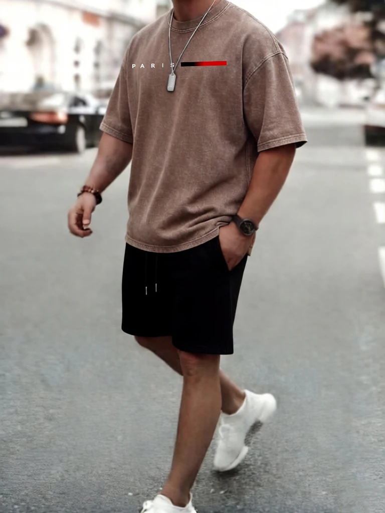 

Paris Creative Letter Printed Men Washed Hip Hop T-Shirt Summer Cotton Short Sleeve Soft O-Neck Clothes Sport Fashion Shorts Set