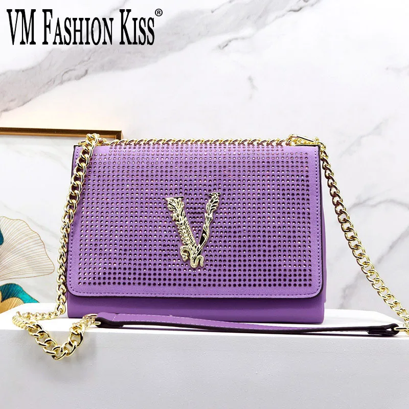 VM FASHION KISS Diamonds Flap Chain Crossbody Bags For Women Luxury Women\'s Bag Letter Decorate Superfine Fiber Cute Handbag