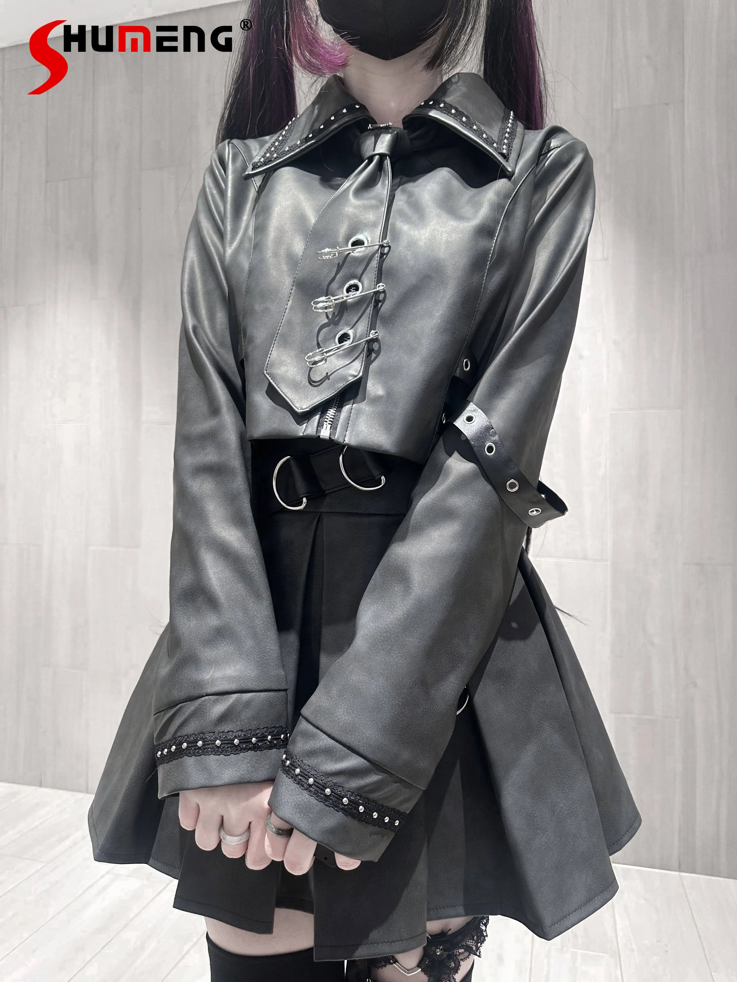 

Original Design Subculture Gothic PU Leather Outfit Sweet Cool Girls Slim-fit Long-sleeve Top and Skirt 2-piece Set Women 2026