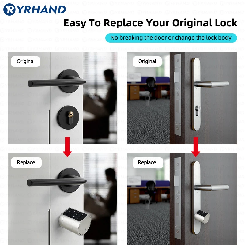 Smart Euro Cylindrical Door Lock ttlock app Keyless Security Entry Mechanical Key IP55 Waterproof fingerprint door lock