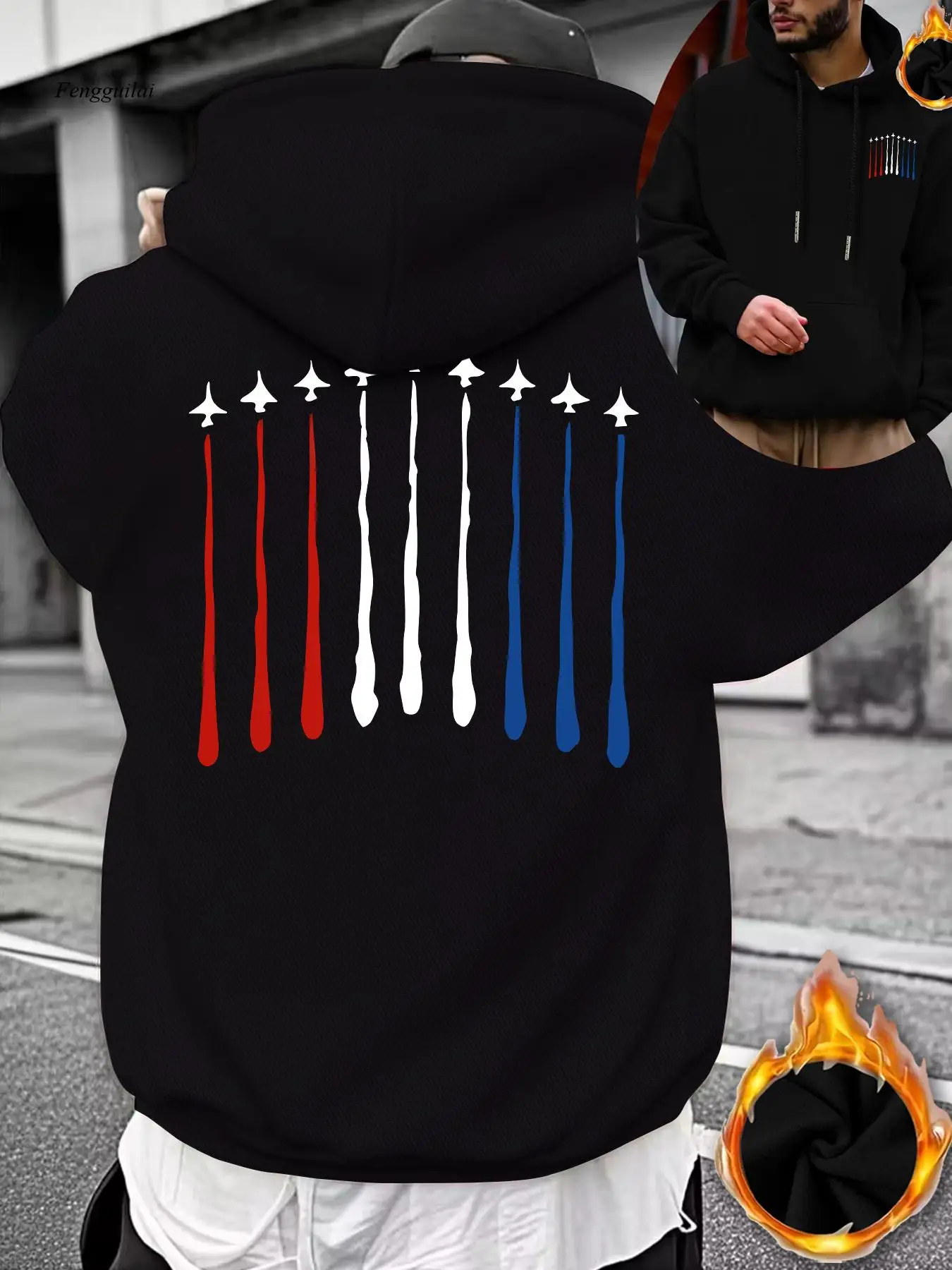 

Толстая зимняя плюшевая толстовка с капюшоном и принтом «Самолет и ракет», двусторонний дизайн спереди/сзади с авиационной тематикой