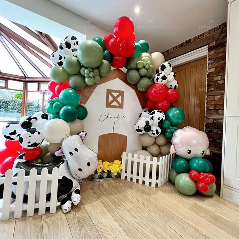 1Set Farm Theme Green red latex balloon Cartoon Cow Foil Balloon Happy Birthday Party Decoration Baby Shower Supplies