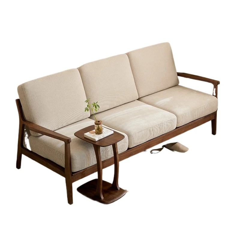 

Black walnut solid wood sofa, living room straight row fabric sofa small apartment dual-purpose double sofa