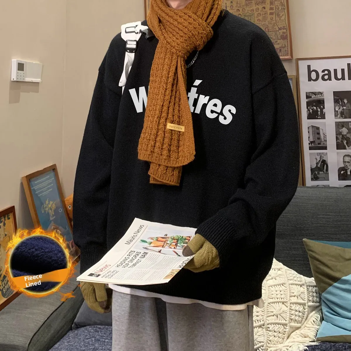 

Мужской зимний свитер с круглым вырезом, на флисовой подкладке, свободного кроя, из кашемира, модный повседневный, удобный, с длинными рукавами