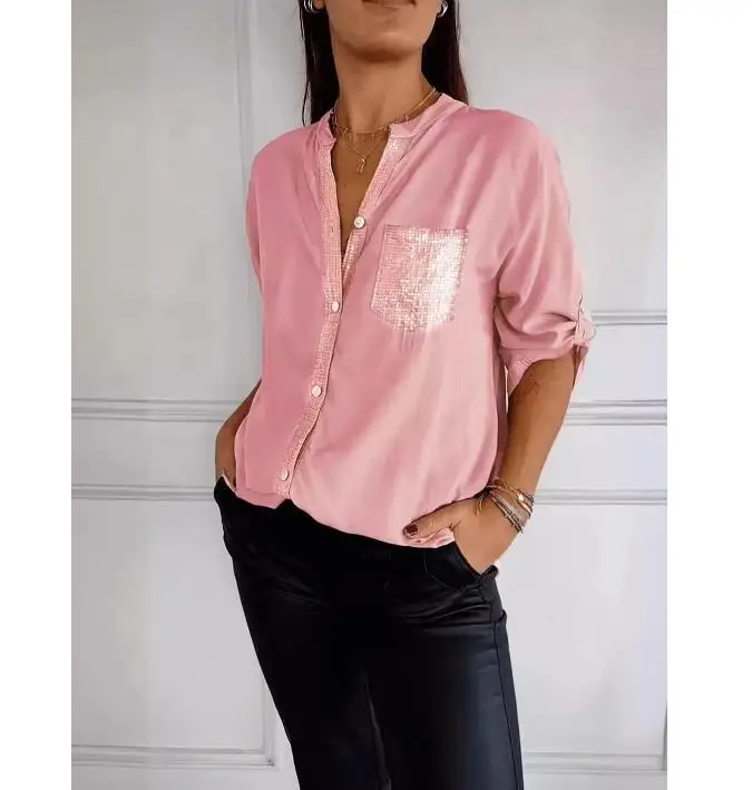 Cotton V-neck Sequin Mid-sleeve Casual Top Summer Women Blouses Casual Loose Collar Button Printed Sun Protection Pocket Shirt