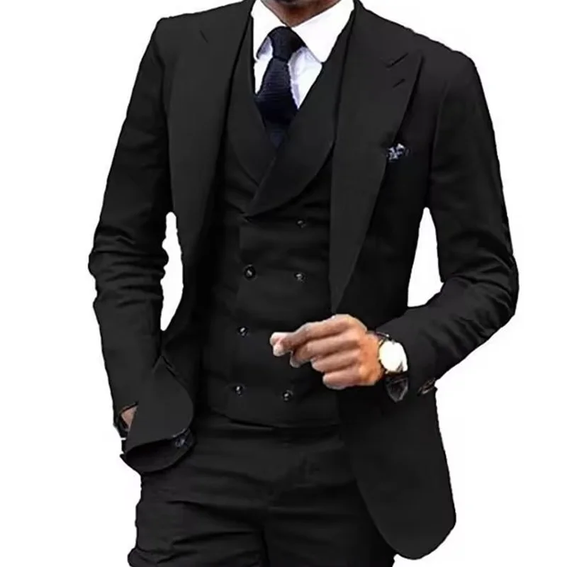 2025 جديد زي أوم رمادي الذروة التلبيب مزدوجة الثدي سترة الرجال البدلة سليم صالح الأعمال الرسمية العريس ارتداء 3 قطع Terno السترة