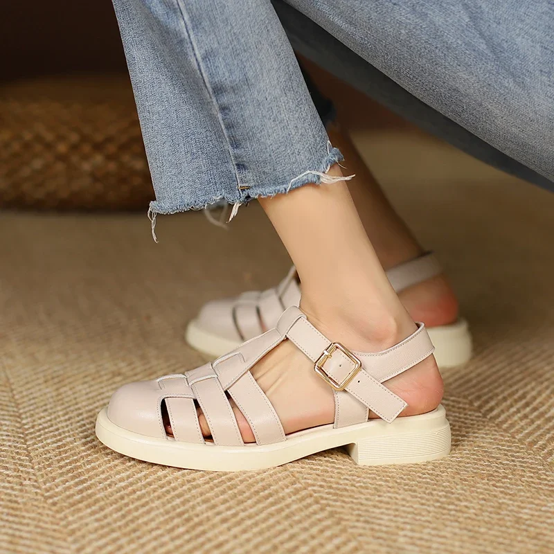 2023 Women Sandals Retro Genuine Leather Luxury Roman Sandals Casual Buckle Strap Summer Shoes GLADIATOR Thick Heel Women Shoes