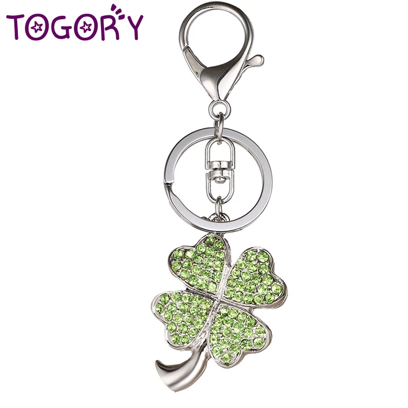 TOGORY Lucky Four Leaves Clover Crystal Key Ring Chains Holder Bag Buckle Pendant For Car Keyrings KeyChains