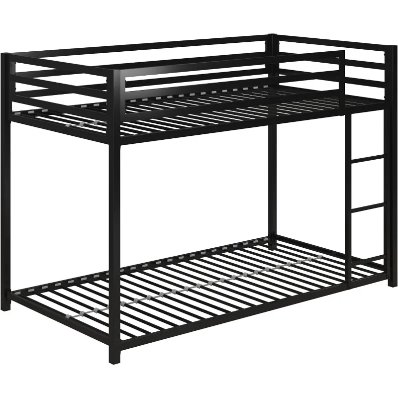 Miles Low Metal Bunk Bed Frame for Kids, With Built-in Ladder, High Guardrail and Metal Slats, Floor Bed Bottom Bunk